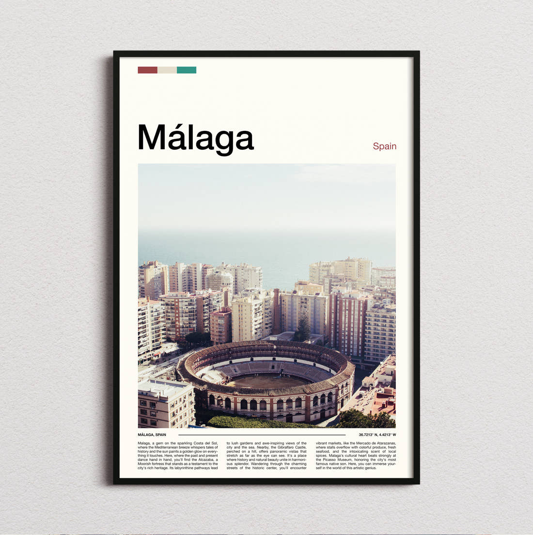 Malaga Bullring From Above Travel Print framed and photographed straight on