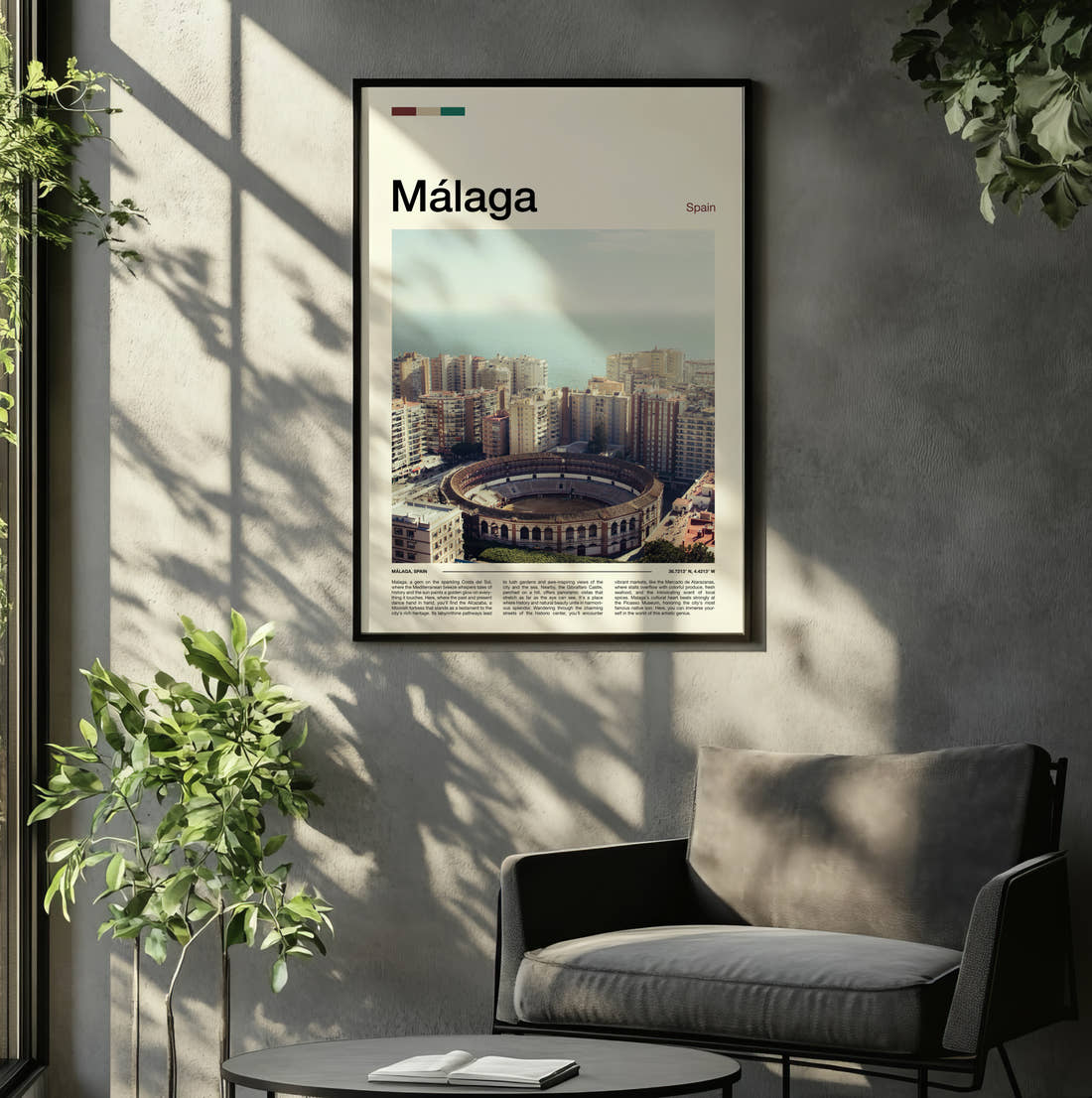 Malaga Bullring From Above Travel Print framed on the wall of a relaxed living room