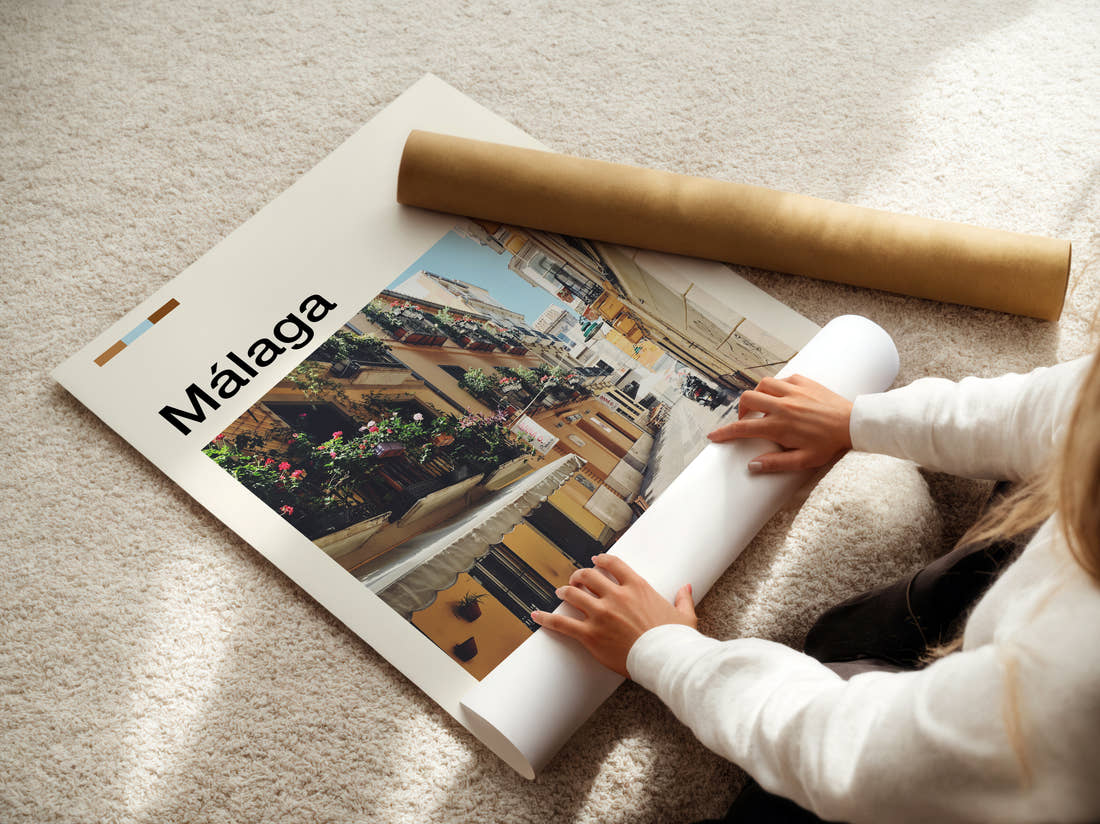 Malaga Narrow Old Street Travel Print being unrolled from its postal tube