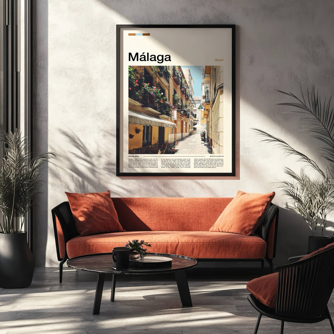 Malaga Narrow Old Street Travel Print framed on the wall of a modern living room