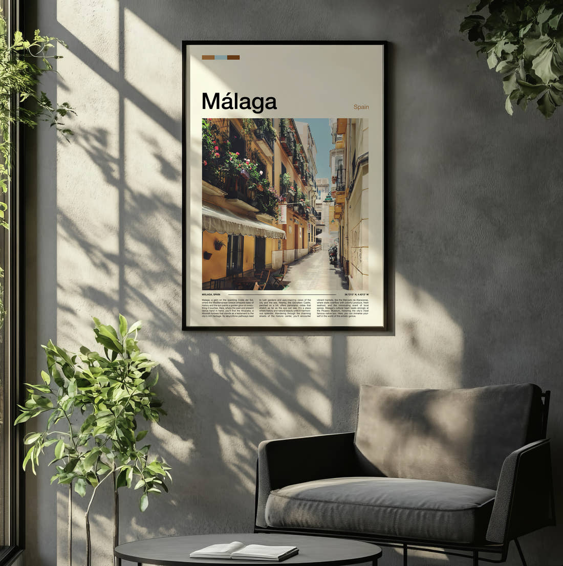 Malaga Narrow Old Street Travel Print framed on the wall of a relaxed living room