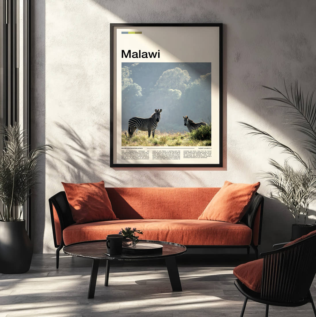 Malawi Zebras Travel Print framed on the wall of a modern living room