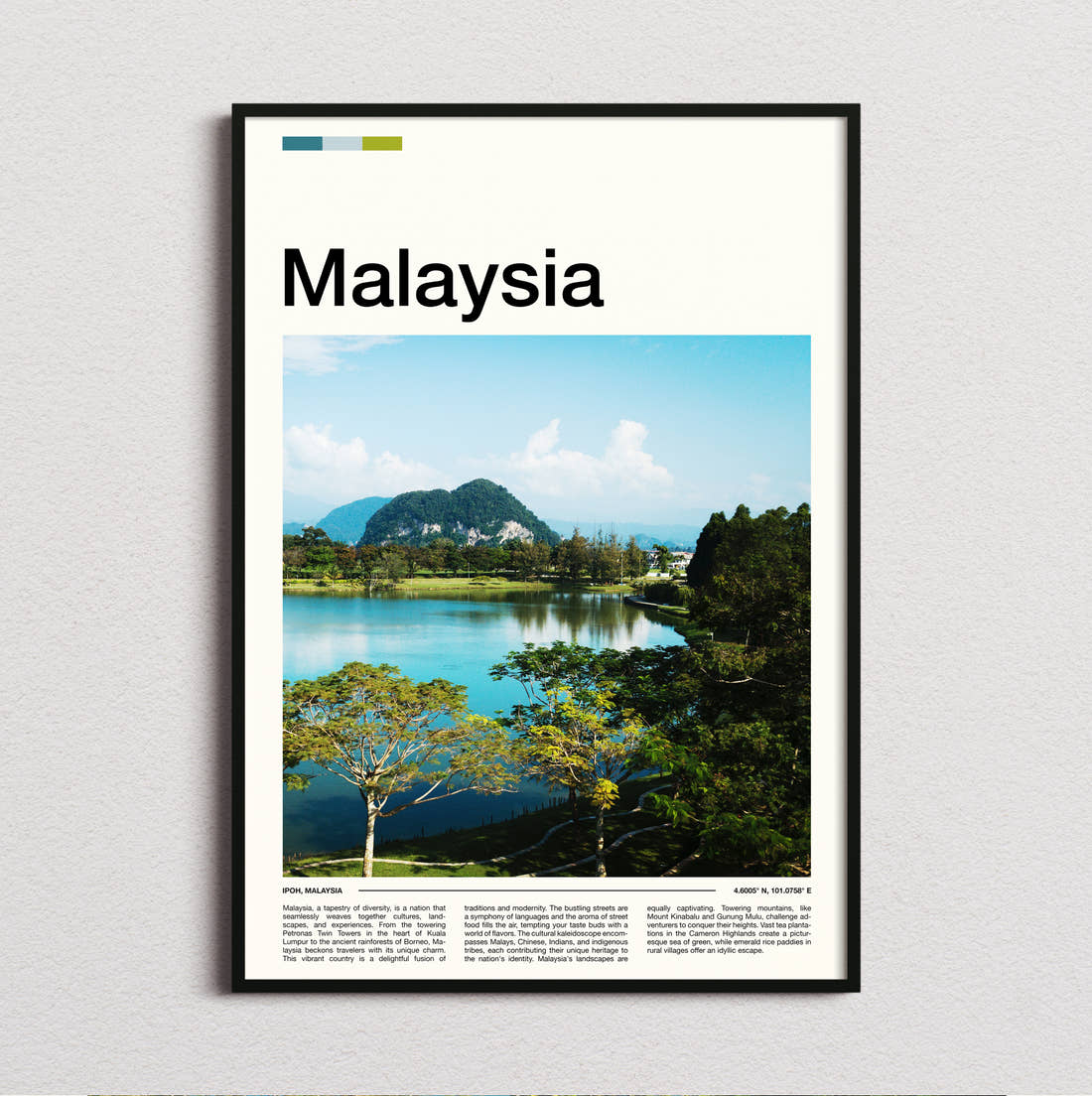 Malaysia Lake And Limestone Hill Travel Print framed and photographed straight on