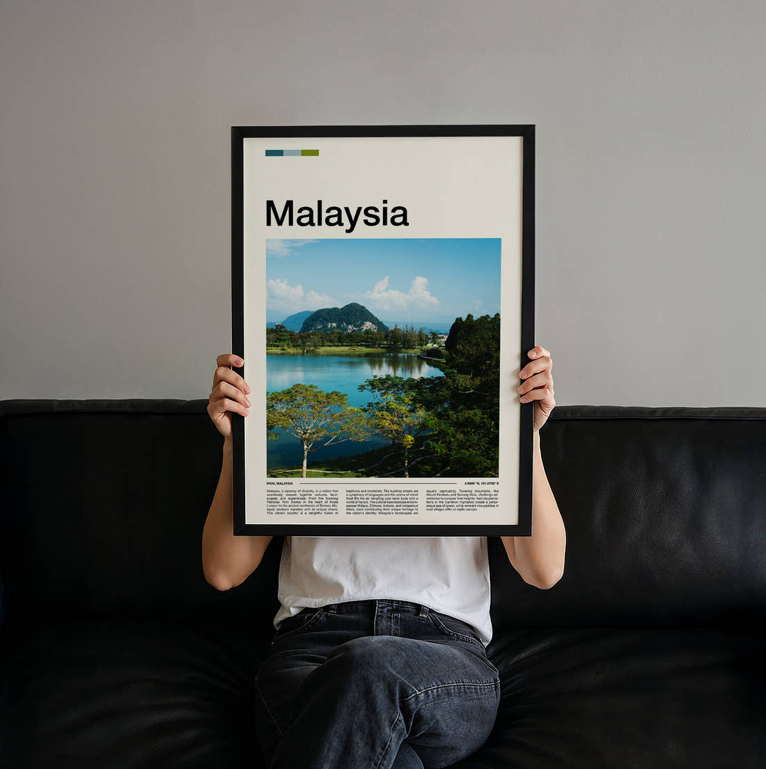 Malaysia Lake And Limestone Hill Travel Print held up by hand to show the size of the print