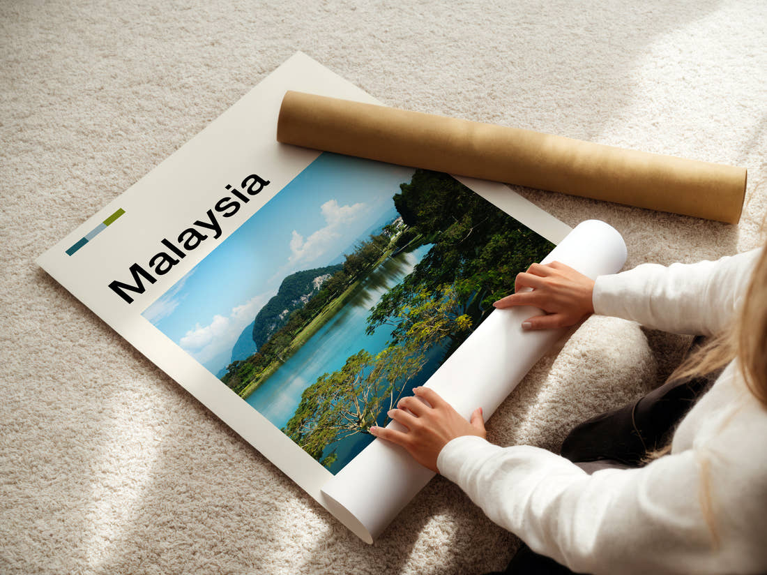 Malaysia Lake And Limestone Hill Travel Print being unrolled from its postal tube
