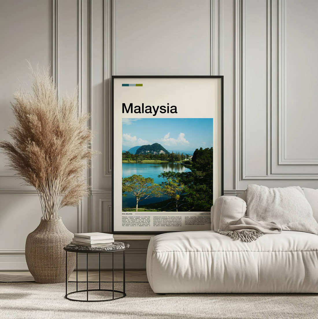 Malaysia Lake And Limestone Hill Travel Print framed on the wall of a calm, neutral bedroom