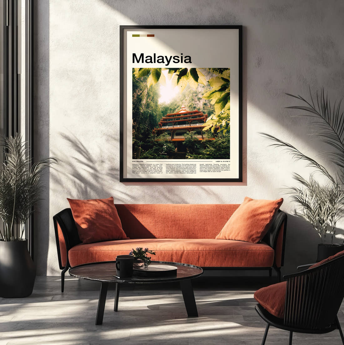 Malaysia Temple In The Jungle Travel Print framed on the wall of a modern living room
