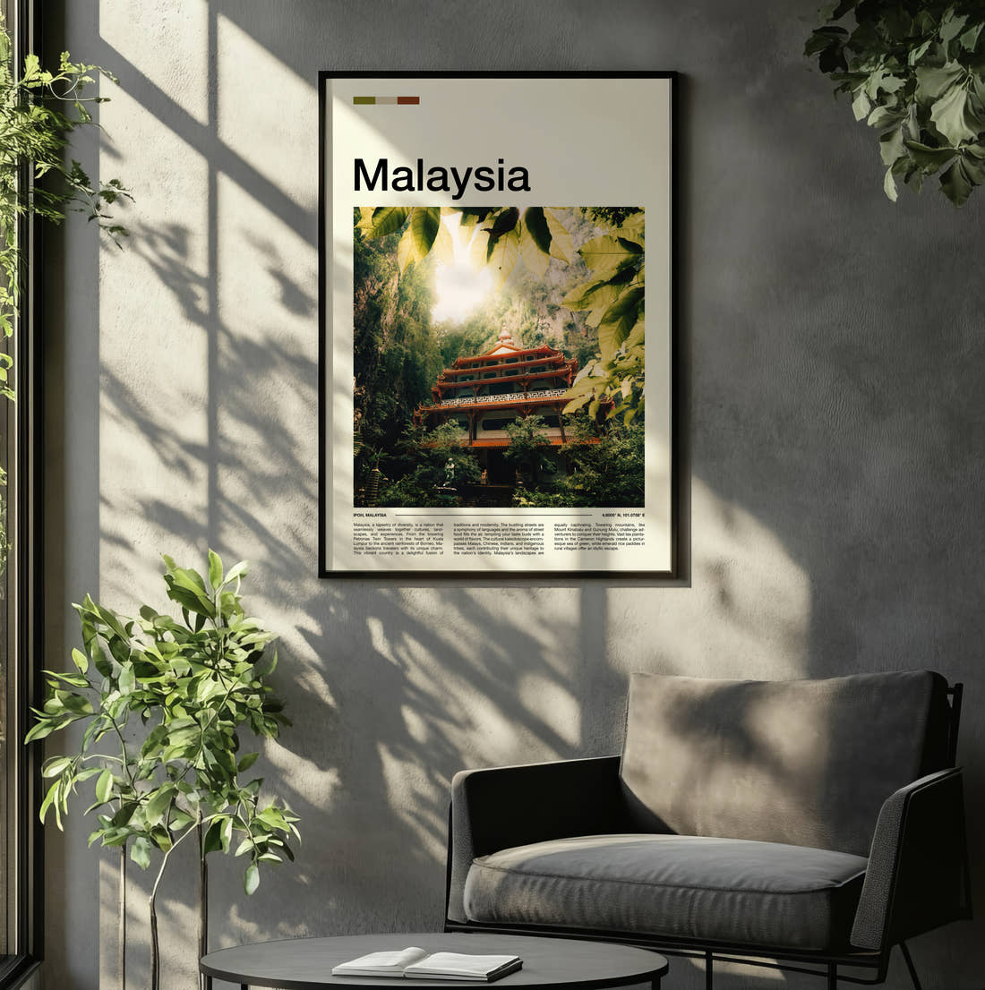 Malaysia Temple In The Jungle Travel Print framed on the wall of a relaxed living room