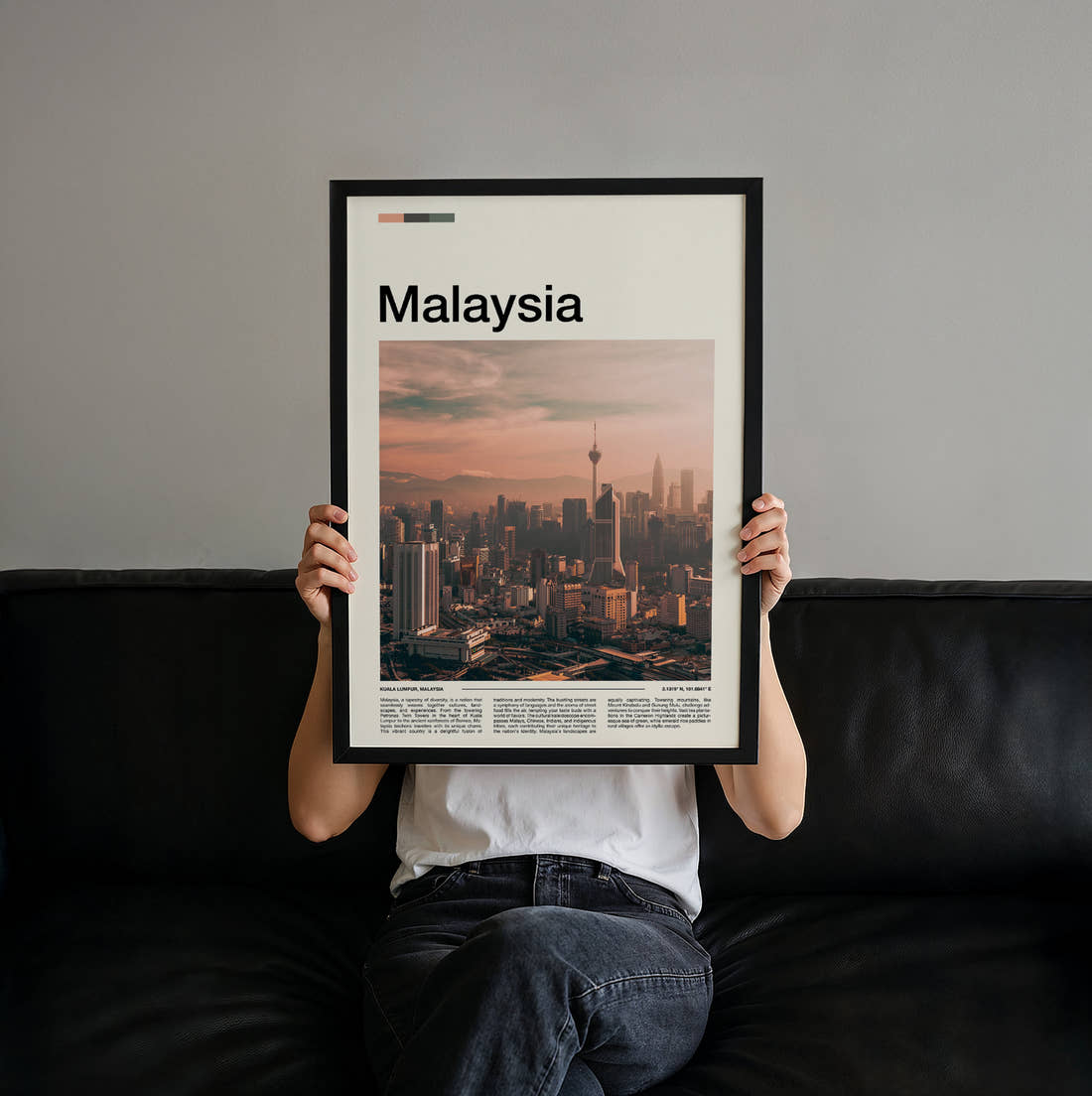 Malaysia Hazy City Skyline Travel Print held up by hand to show the size of the print