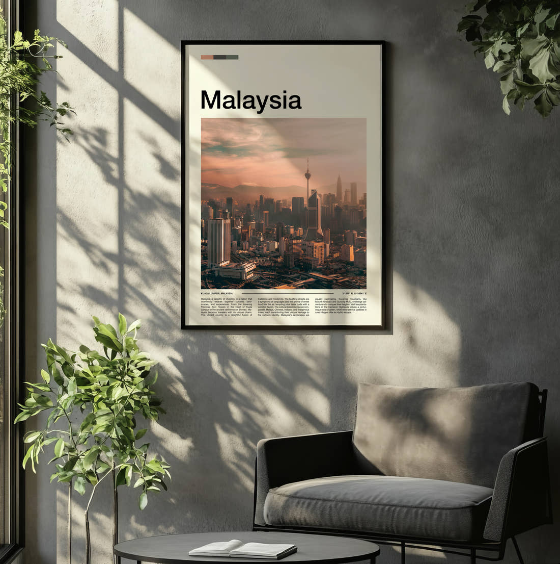 Malaysia Hazy City Skyline Travel Print framed on the wall of a relaxed living room
