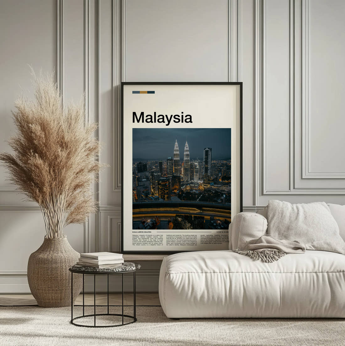 Malaysia Petronas Towers Travel Print framed on the wall of a calm, neutral bedroom
