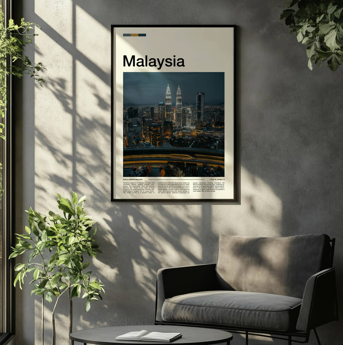 Malaysia Petronas Towers Travel Print framed on the wall of a relaxed living room