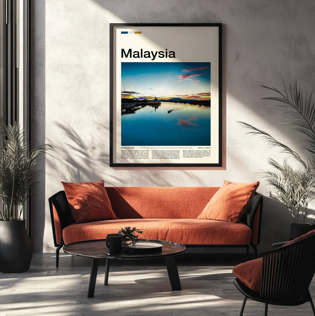 Malaysia River At Sunset Travel Print framed on the wall of a modern living room