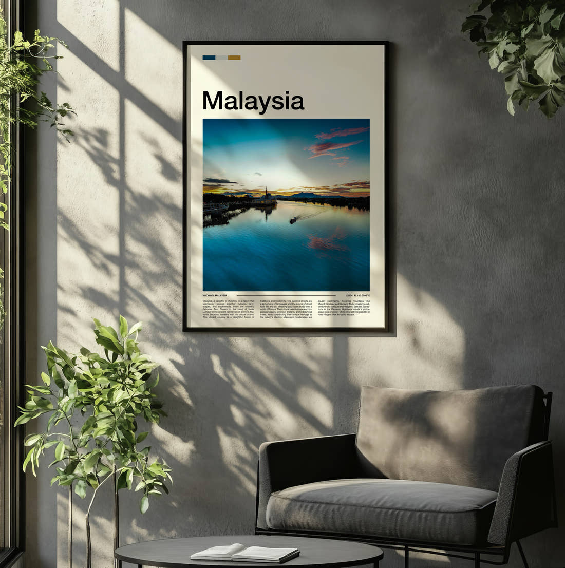 Malaysia River At Sunset Travel Print framed on the wall of a relaxed living room