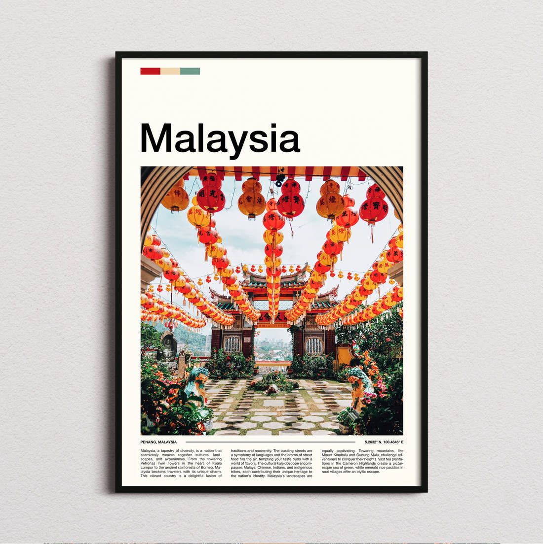 Malaysia Red Lanterns Travel Print framed and photographed straight on