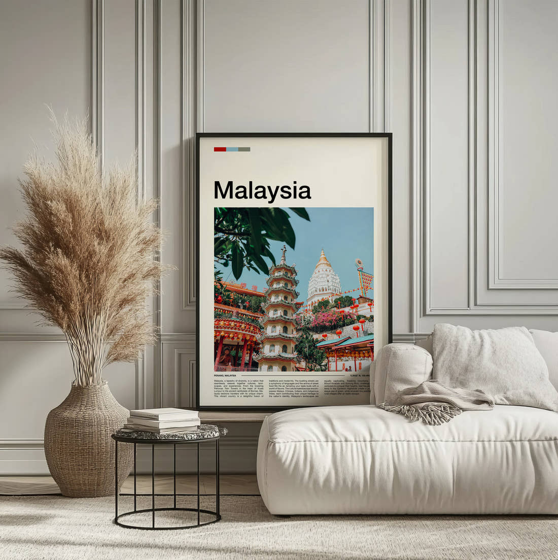 Malaysia Temple And Pagoda Travel Print framed on the wall of a calm, neutral bedroom