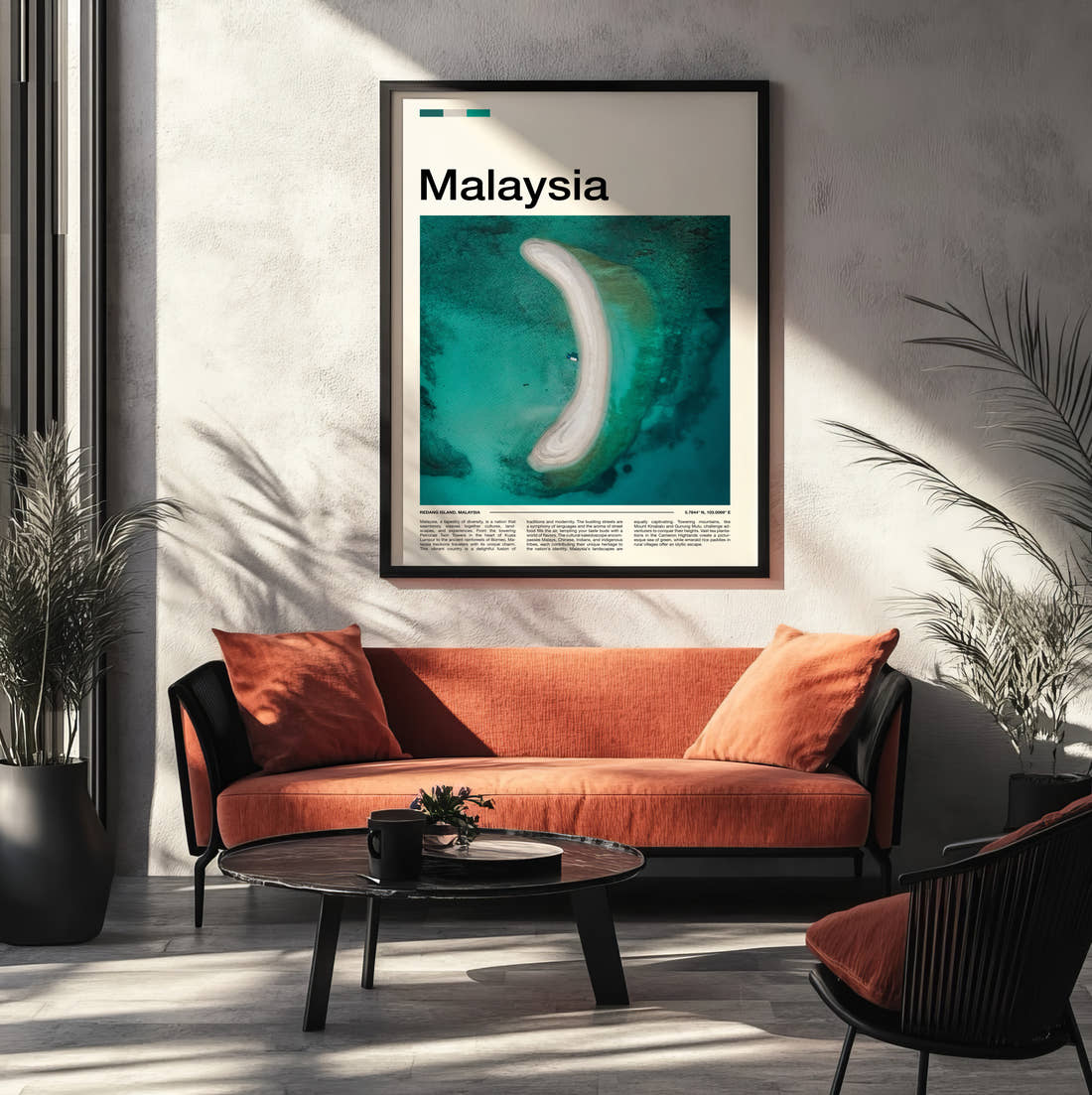 Malaysia Curved Sandbar Travel Print framed on the wall of a modern living room