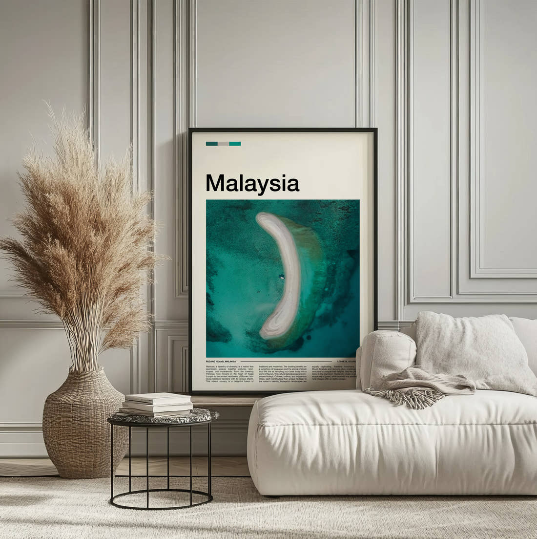 Malaysia Curved Sandbar Travel Print framed on the wall of a calm, neutral bedroom