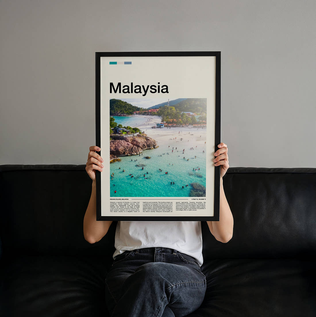 Malaysia Swimmers In Turquoise Water Travel Print held up by hand to show the size of the print