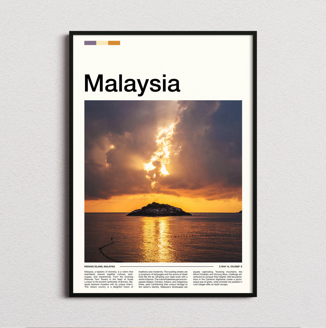 Malaysia Sunset Over Small Island Travel Print framed and photographed straight on