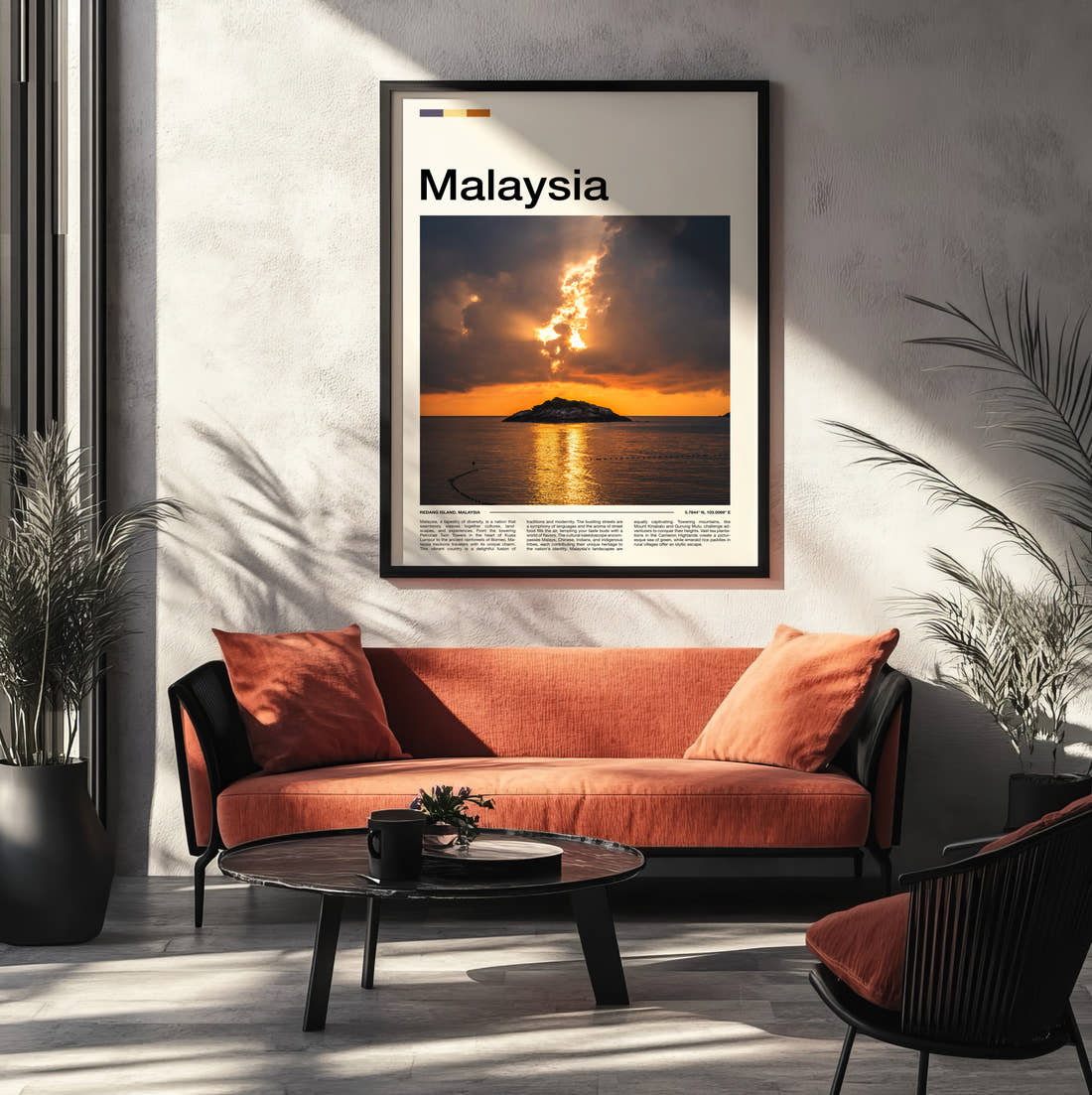 Malaysia Sunset Over Small Island Travel Print framed on the wall of a modern living room