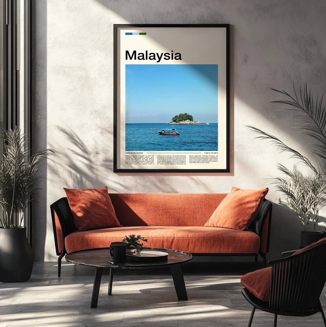 Malaysia Small Island And Boat Travel Print framed on the wall of a modern living room