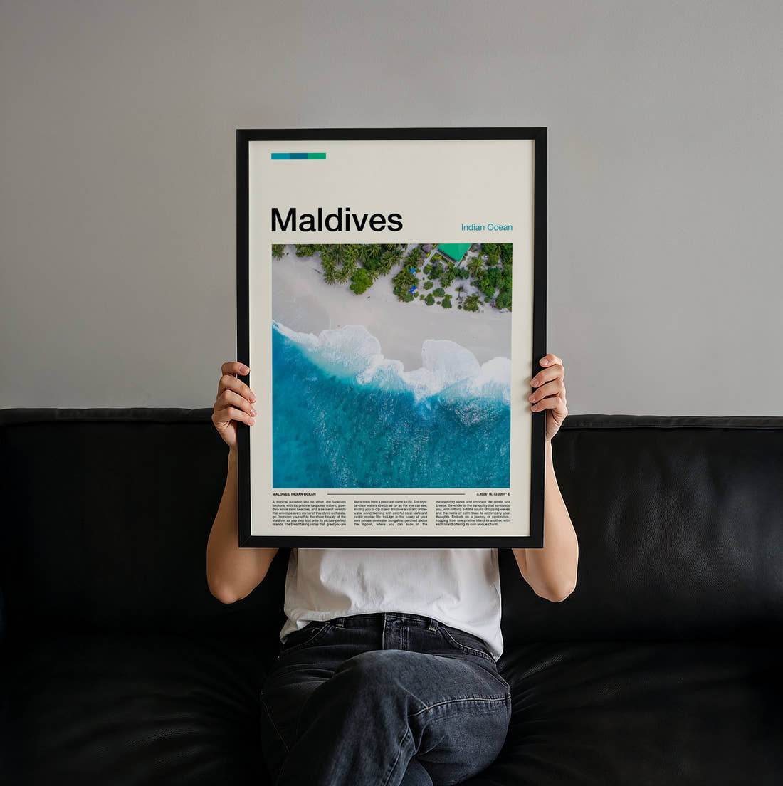 Maldives Aerial View Of Beach Travel Print held up by hand to show the size of the print
