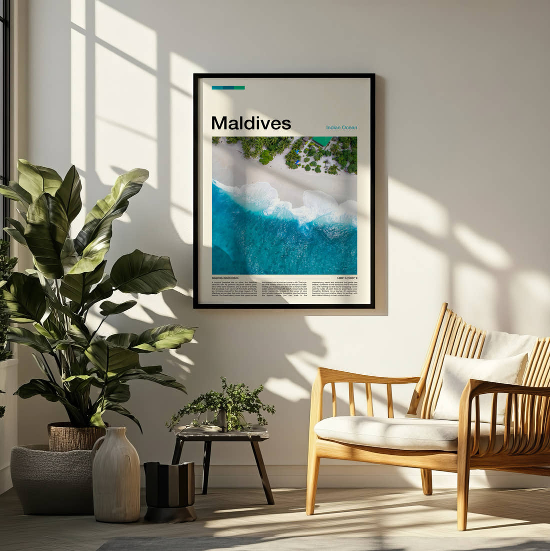 Maldives Aerial View Of Beach Travel Print framed on a pale wall beside houseplants