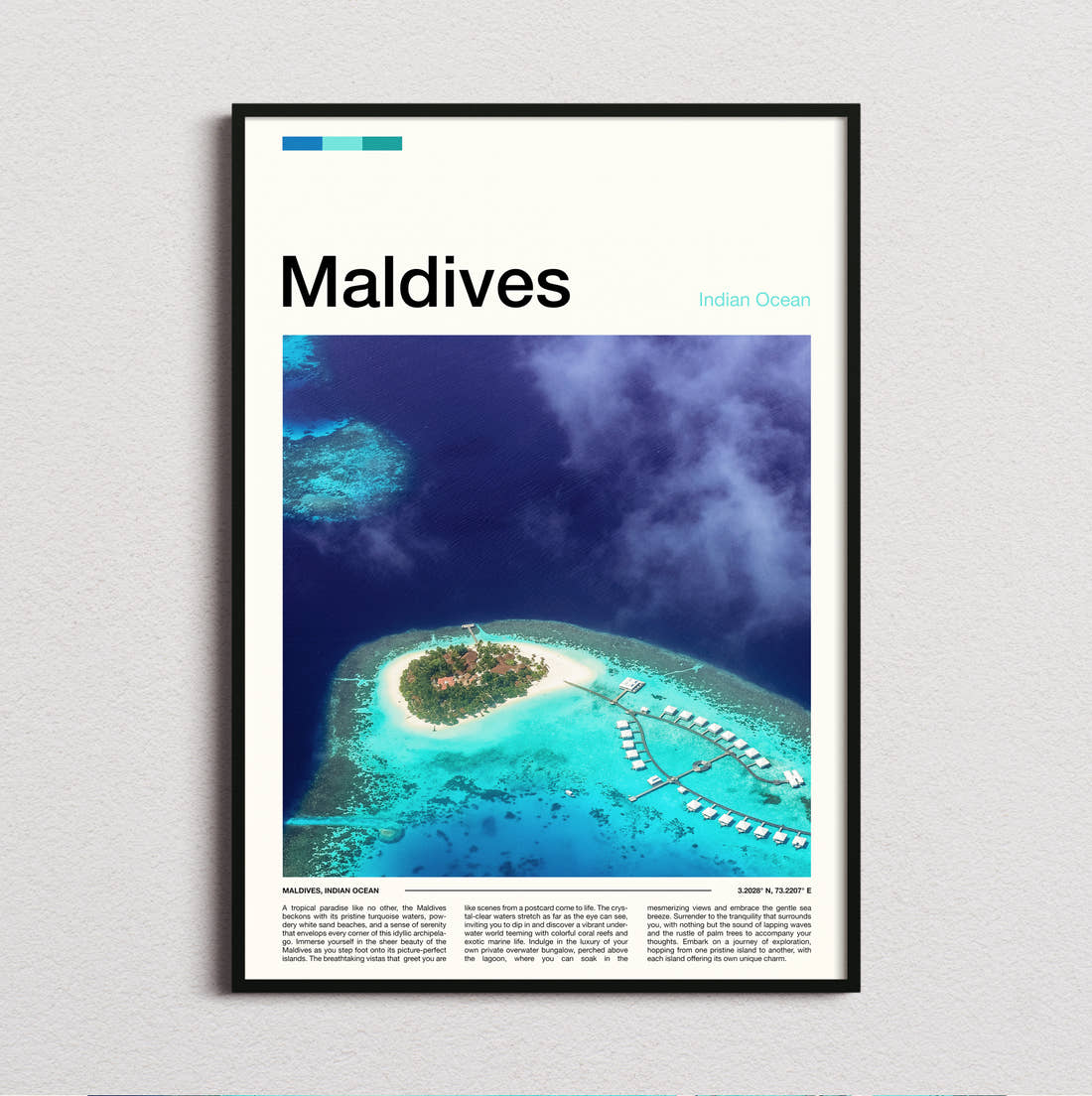 Maldives Island With Overwater Villas Travel Print framed and photographed straight on