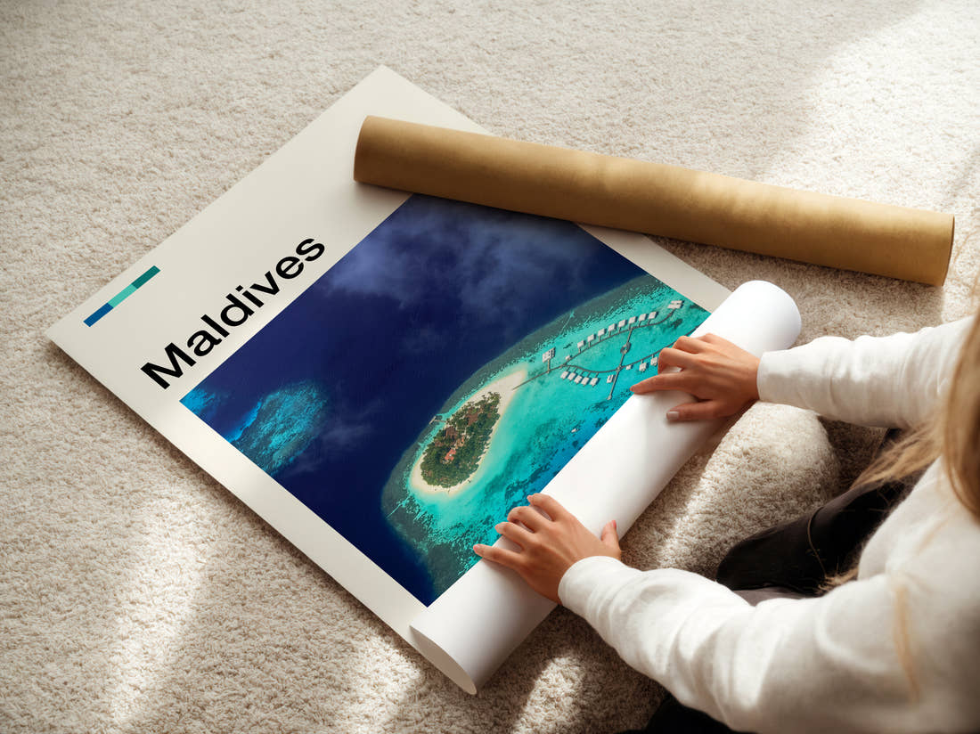 Maldives Island With Overwater Villas Travel Print being unrolled from its postal tube