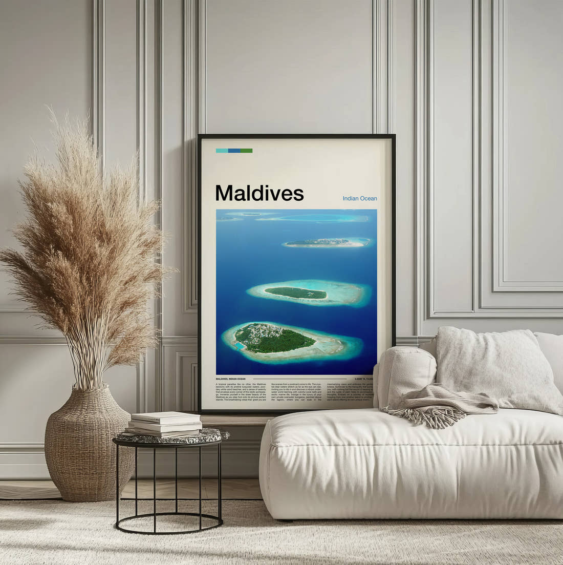 Maldives Small Tropical Islands Travel Print framed on the wall of a calm, neutral bedroom