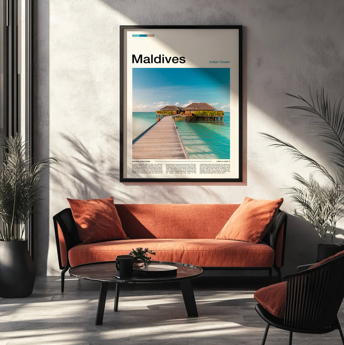 Maldives Overwater Bungalow Travel Print framed on the wall of a modern living room