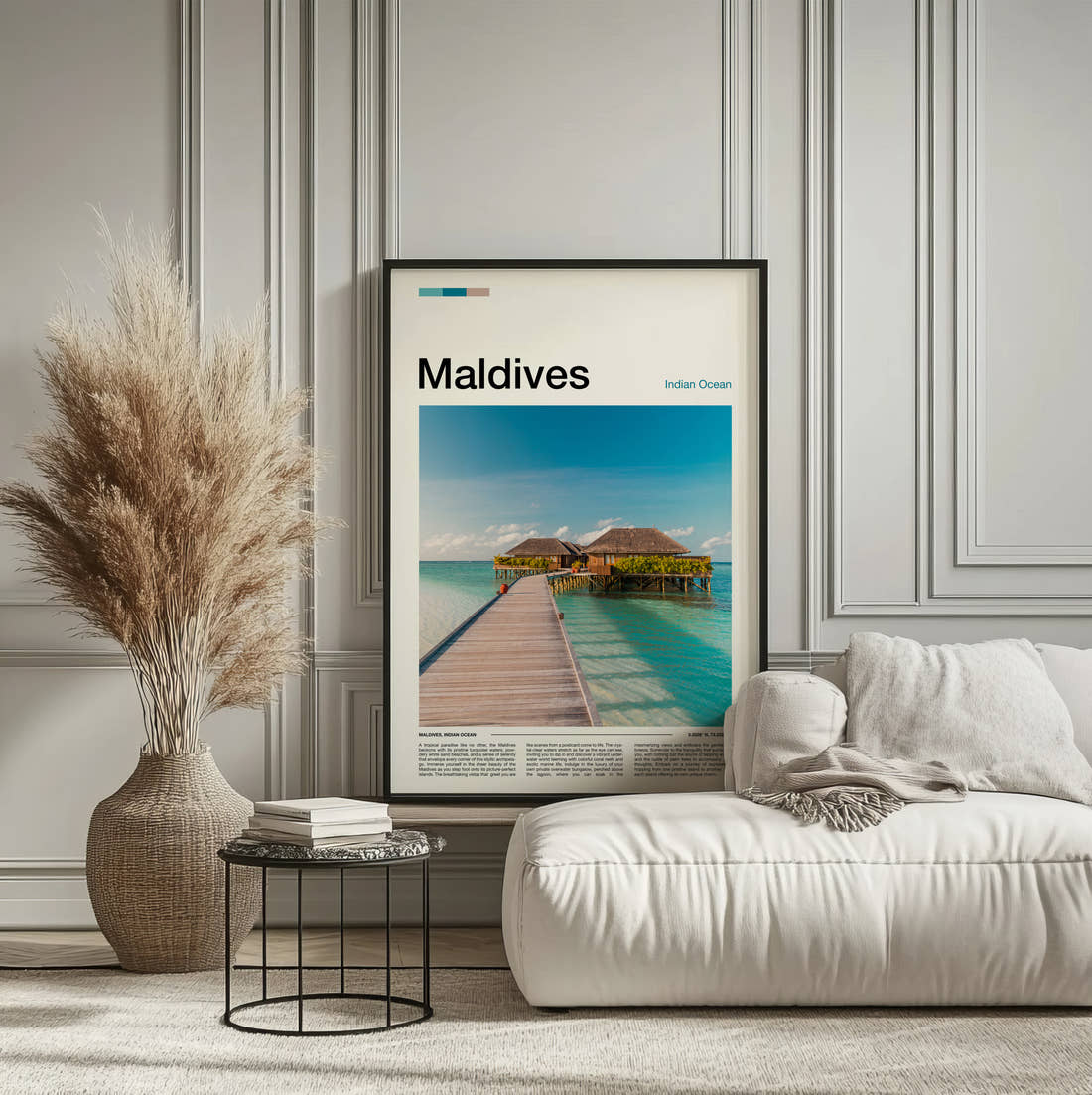 Maldives Overwater Bungalow Travel Print framed on the wall of a calm, neutral bedroom