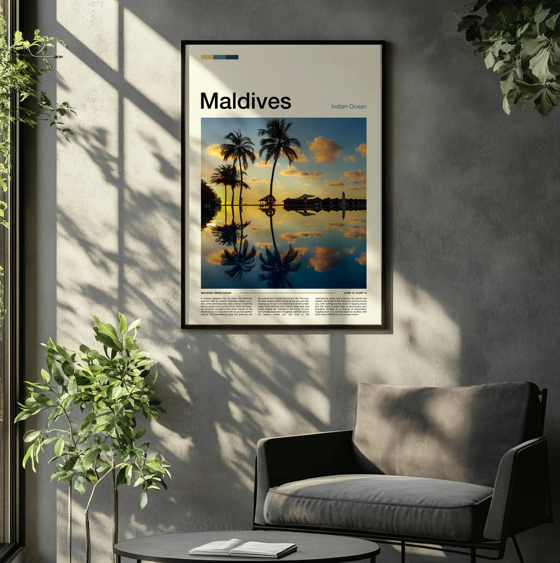 Maldives Palms Reflected In Water Travel Print framed on the wall of a relaxed living room
