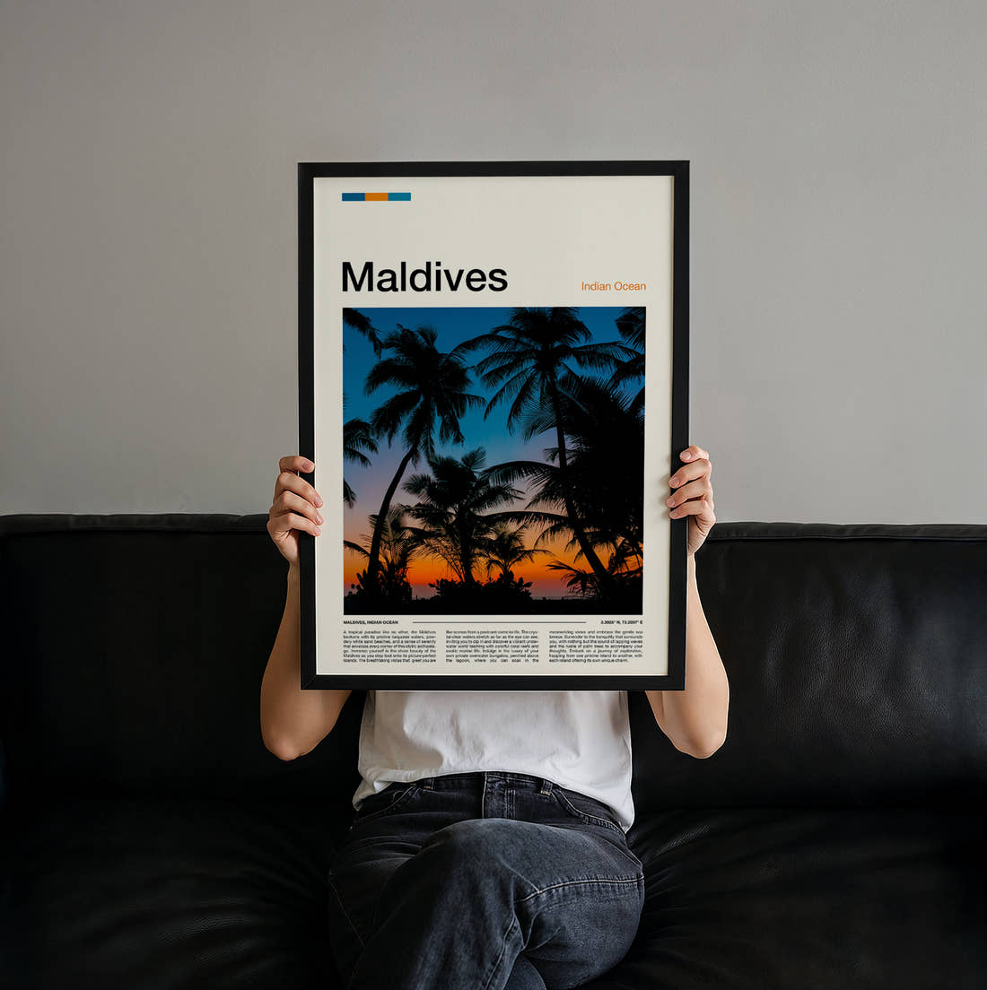 Maldives Palm Trees At Sunset Travel Print held up by hand to show the size of the print