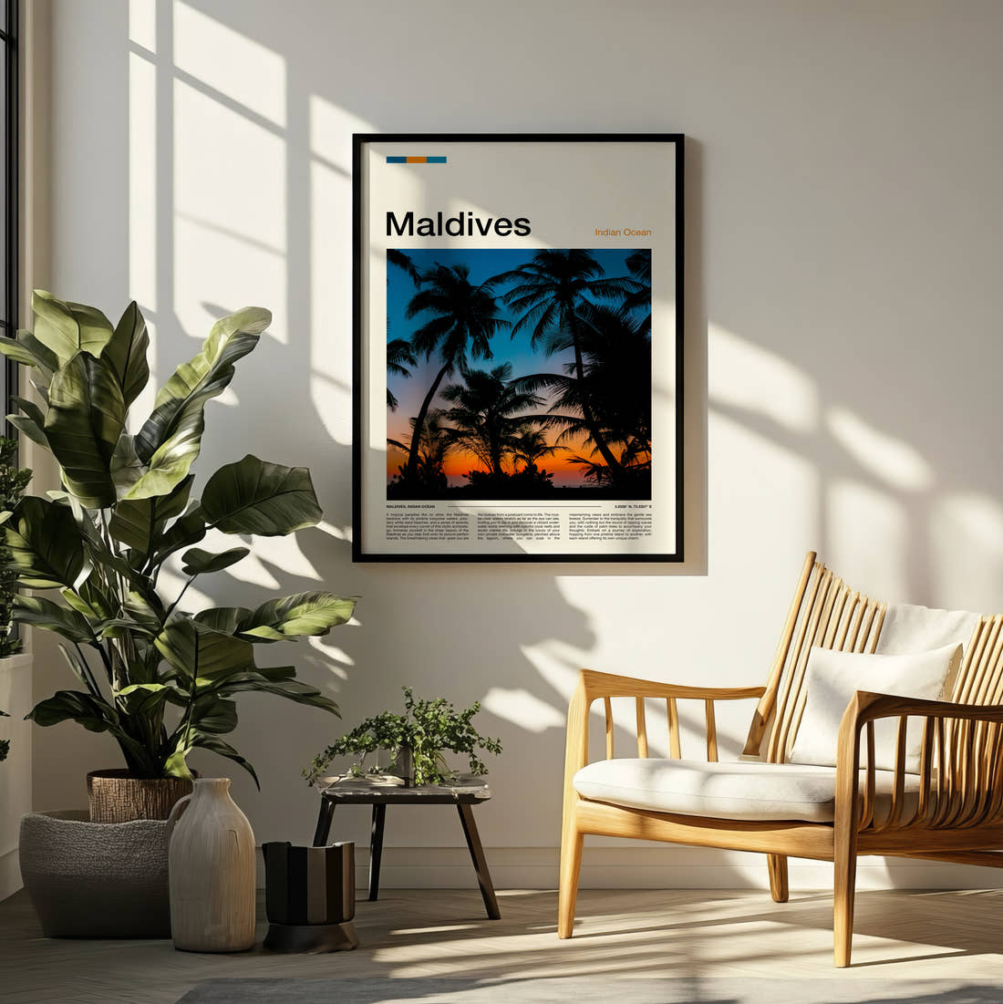 Maldives Palm Trees At Sunset Travel Print framed on a pale wall beside houseplants