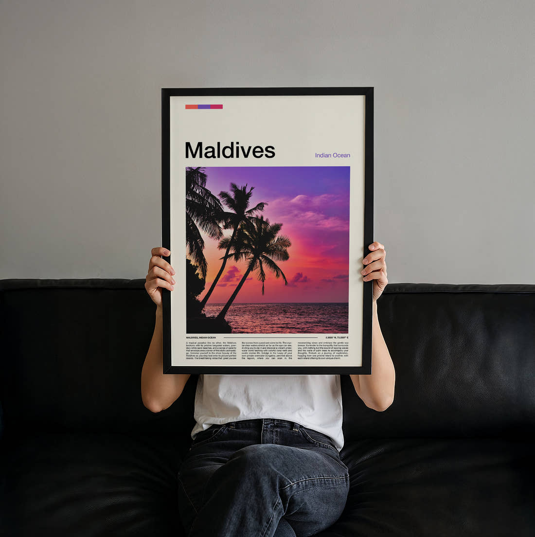 Maldives Pink Sunset Behind Palms Travel Print held up by hand to show the size of the print