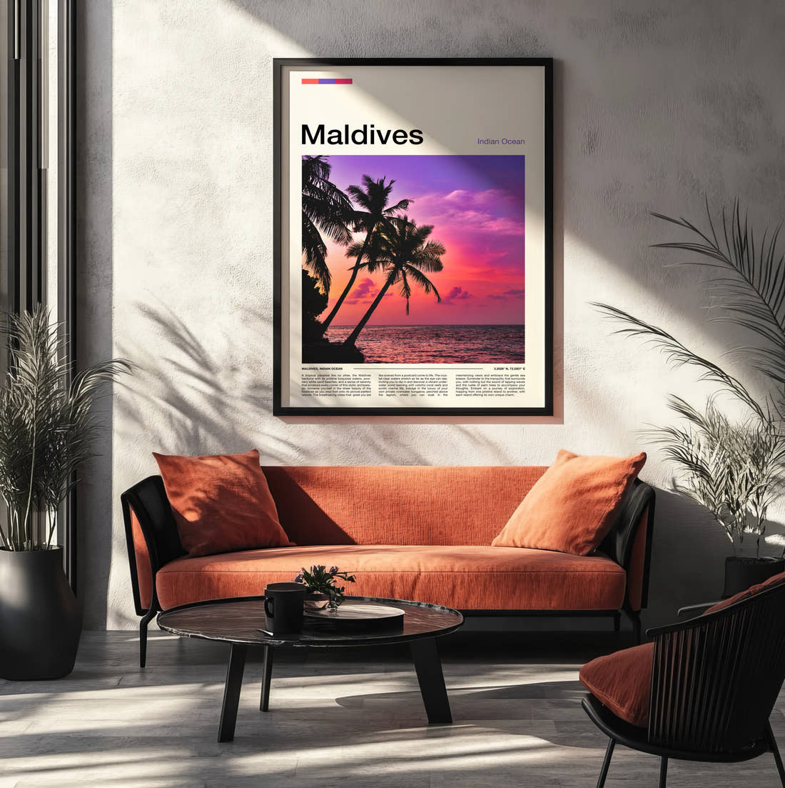 Maldives Pink Sunset Behind Palms Travel Print framed on the wall of a modern living room