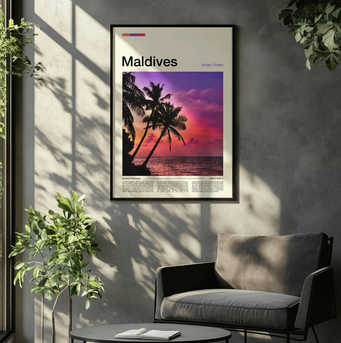 Maldives Pink Sunset Behind Palms Travel Print framed on the wall of a relaxed living room