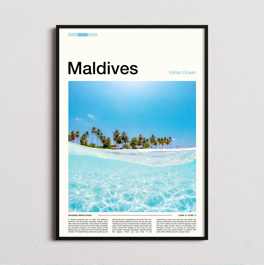 Maldives Half Underwater View Travel Print framed and photographed straight on