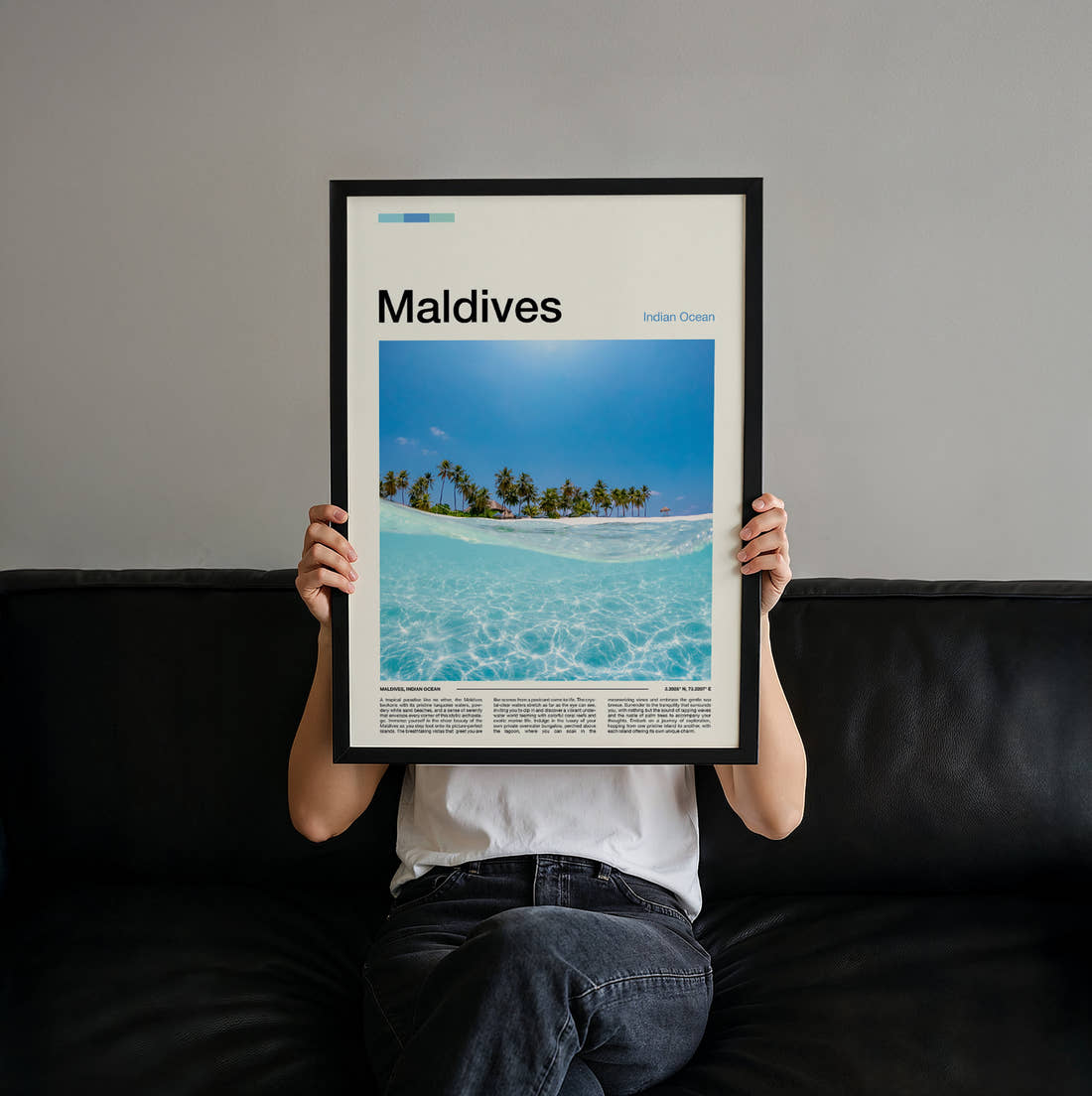 Maldives Half Underwater View Travel Print held up by hand to show the size of the print