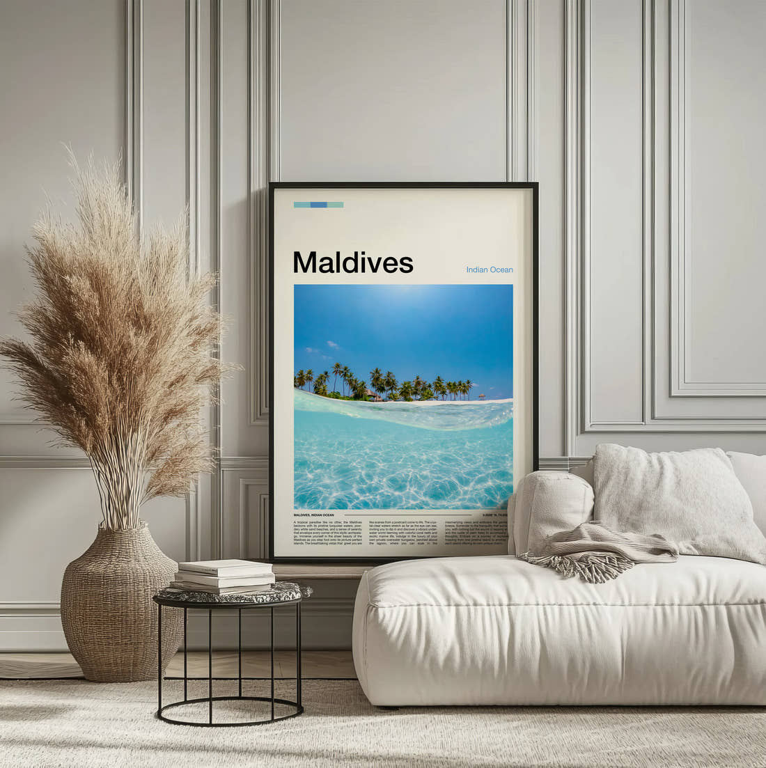 Maldives Half Underwater View Travel Print framed on the wall of a calm, neutral bedroom