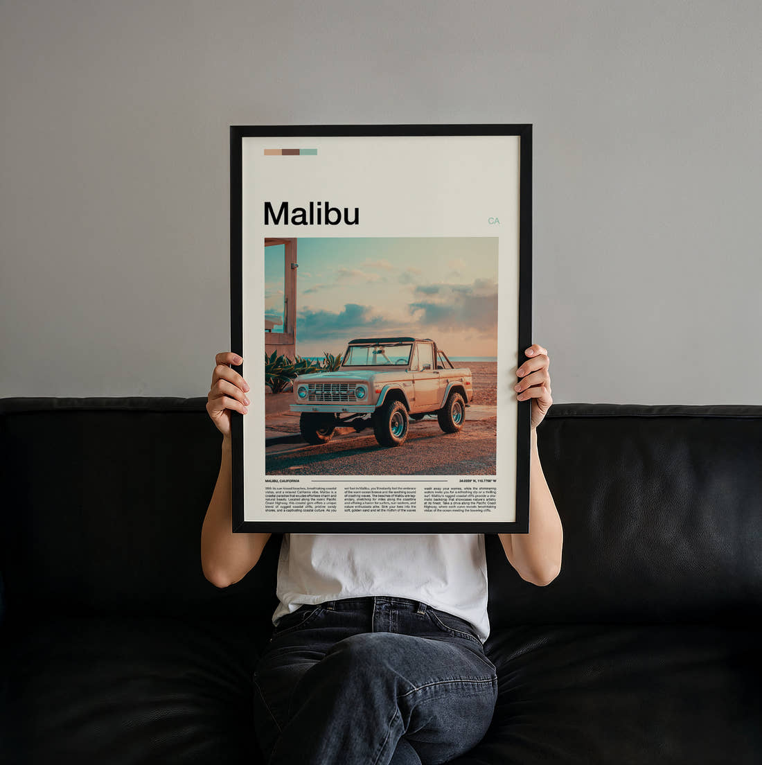 Malibu Vintage Pickup Truck Travel Print held up by hand to show the size of the print