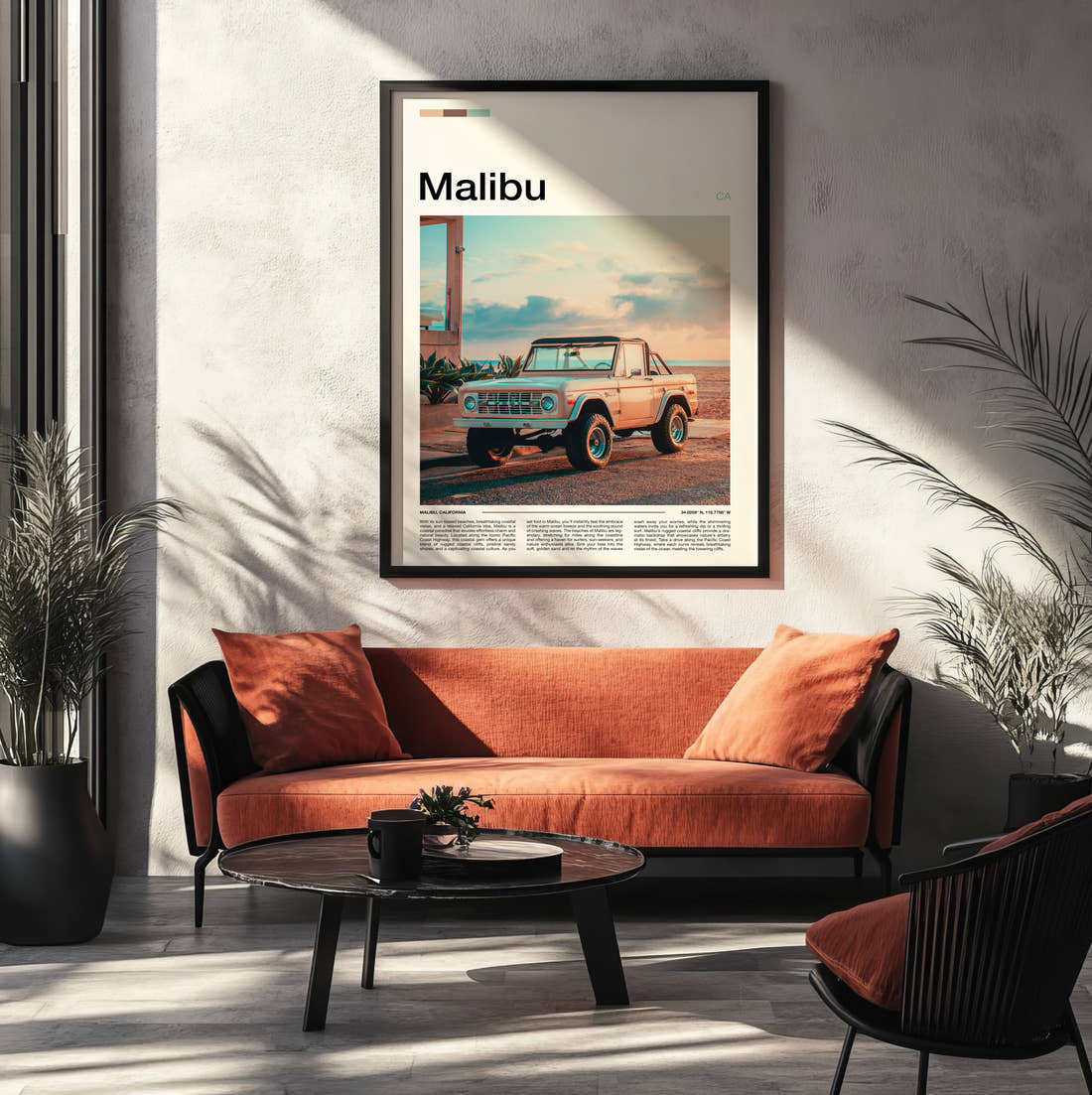 Malibu Vintage Pickup Truck Travel Print framed on the wall of a modern living room