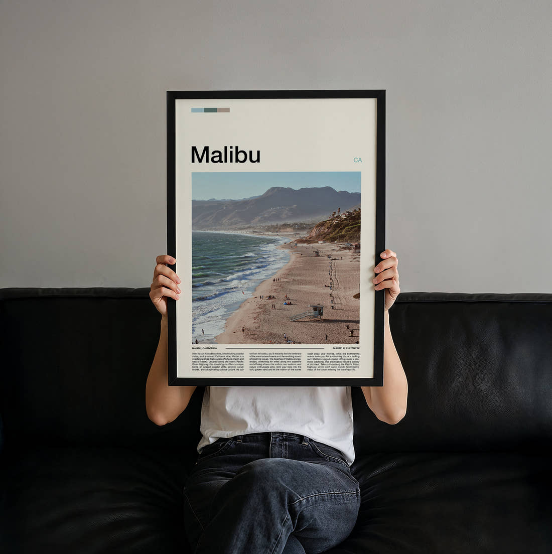 Malibu Beach And Coastal Hills Travel Print held up by hand to show the size of the print