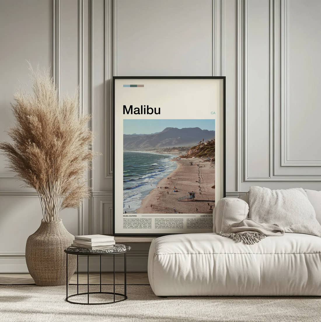 Malibu Beach And Coastal Hills Travel Print framed on the wall of a calm, neutral bedroom