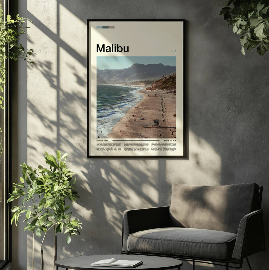 Malibu Beach And Coastal Hills Travel Print framed on the wall of a relaxed living room