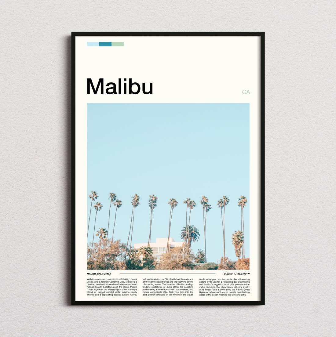 Malibu Row Of Palm Trees Travel Print framed and photographed straight on