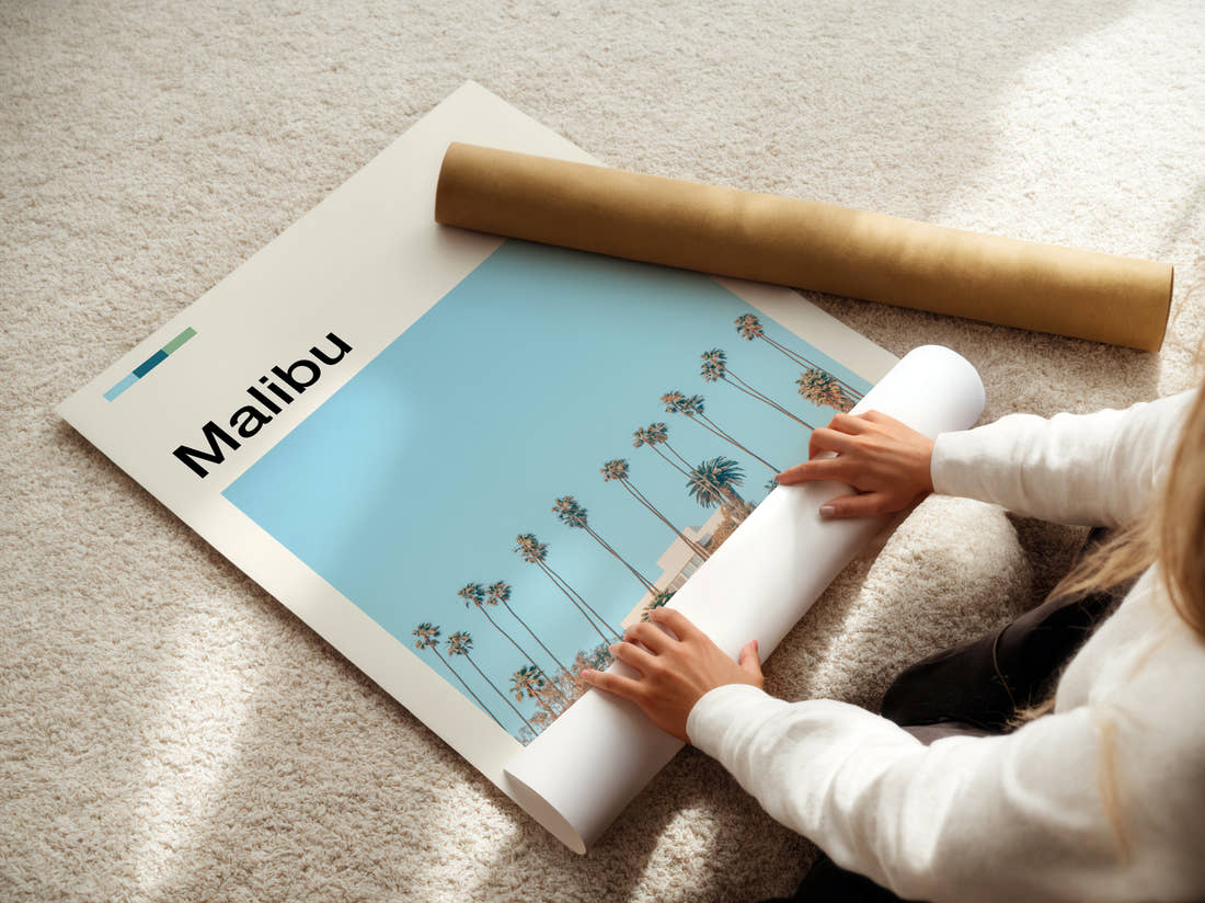 Malibu Row Of Palm Trees Travel Print being unrolled from its postal tube