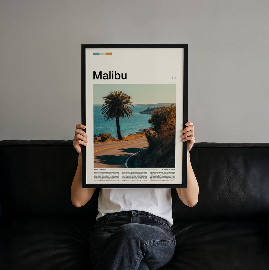 Malibu Coastal Road Travel Print held up by hand to show the size of the print